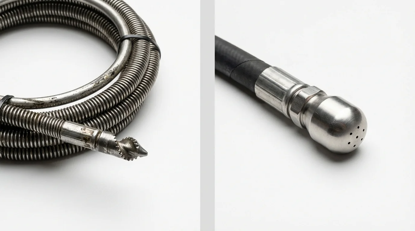 Drain snake cable and hydro jetting nozzle used for drain cleaning in Brunswick, ME