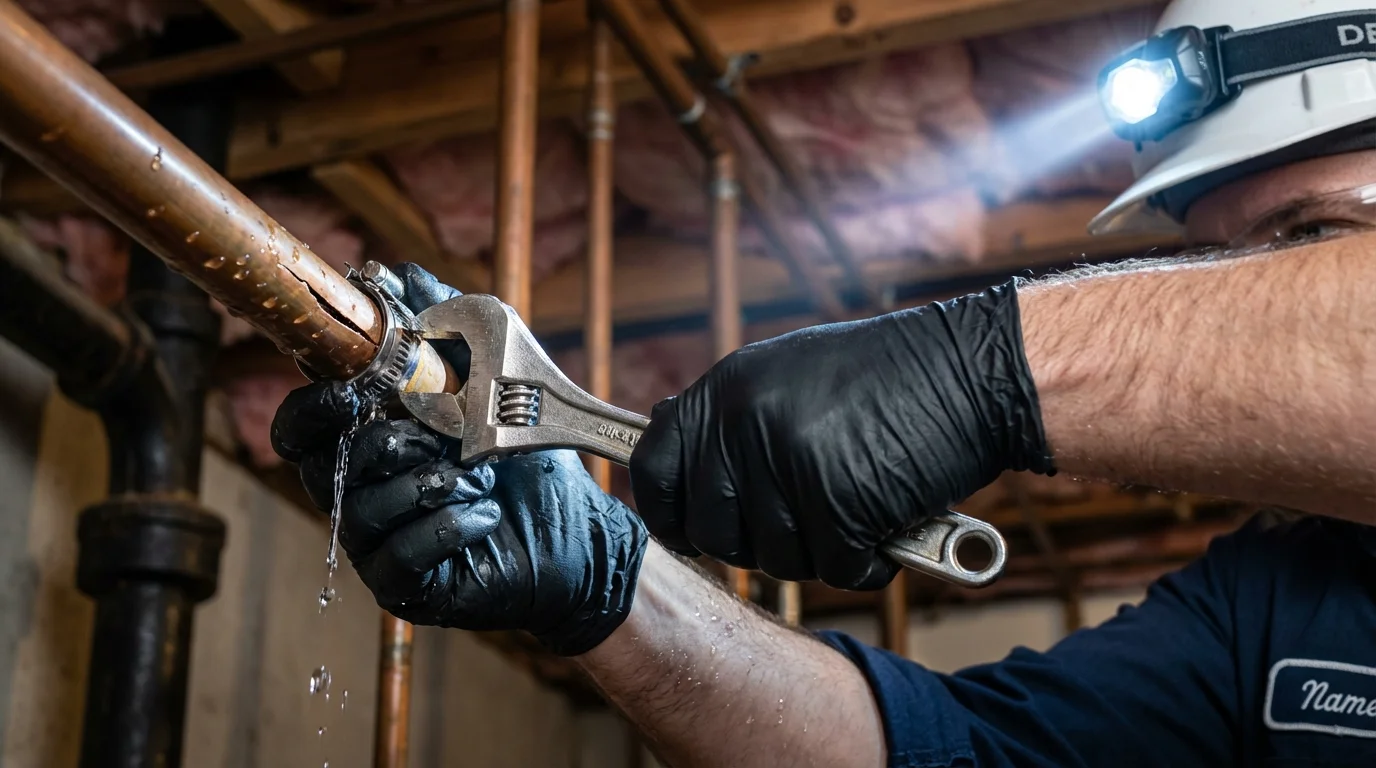 Emergency pipe clamp repair being performed by a Johns Plumbing LLC plumber in Brunswick