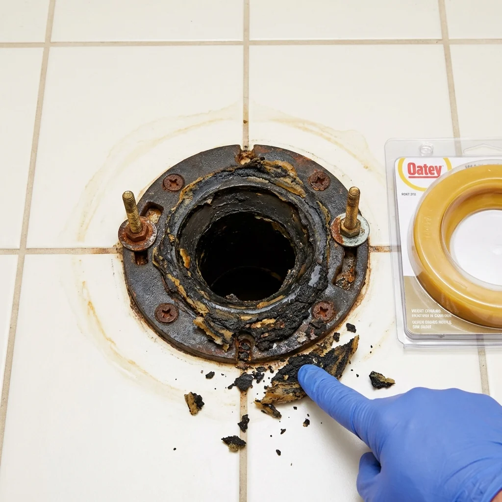 Failed wax ring showing water seepage at the base of a toilet in a Brunswick, ME home