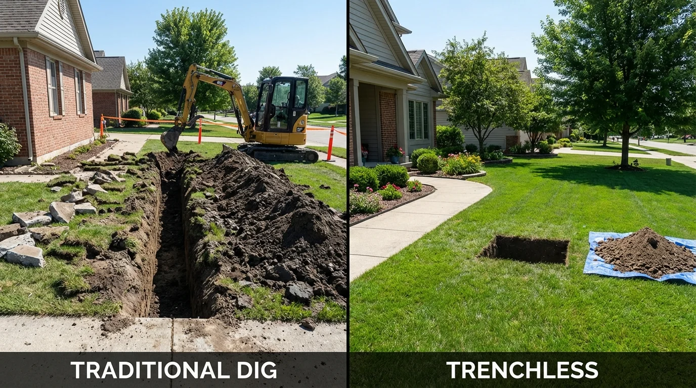 Trenchless sewer repair with minimal yard damage versus traditional excavation in Brunswick, ME