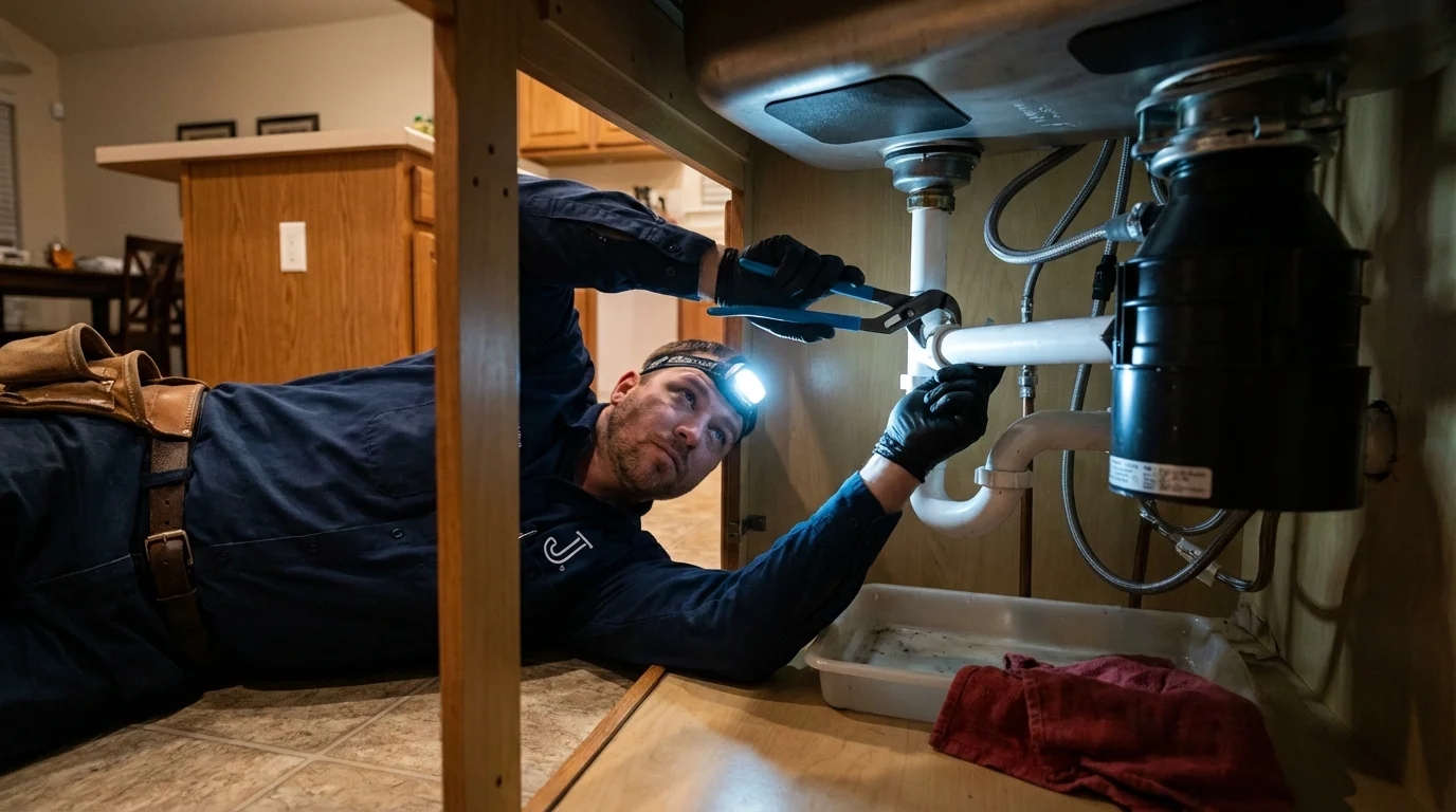 P-trap and supply line connections under a kitchen sink showing a common leak point in Brunswick, ME